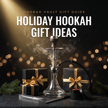 Hookah with gold-wrapped gifts and tongs on slate — holiday gift guide