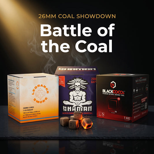 Le Orange, Shaman XL and Black Coco's 26mm hookah coal boxes with lit coals on slate