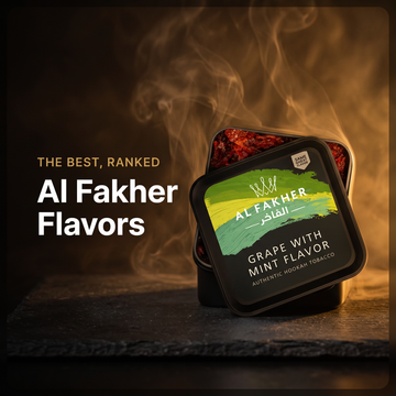 Best Al Fakher flavors ranked — Al Fakher Grape with Mint hookah tobacco tub on a warm golden smoky background (Hookah Vault Flavor Lab)