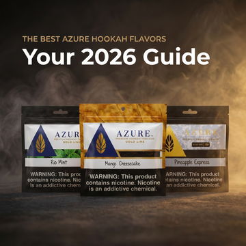 The best Azure hookah flavors of 2026 — Rio Mint, Mango Cheesecake, and Pineapple Express Azure premium hookah tobacco pouches in golden smoke (Hookah Vault Flavor Lab)