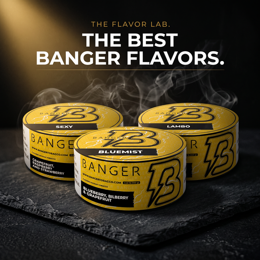 Banger Blue Mist, Sexy, and Lambo hookah tobacco jars on slate