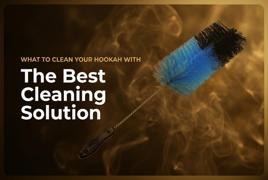 Blue and black hookah cleaning brush on a warm smoky golden background — what to clean your hookah with: the best cleaning solution guide