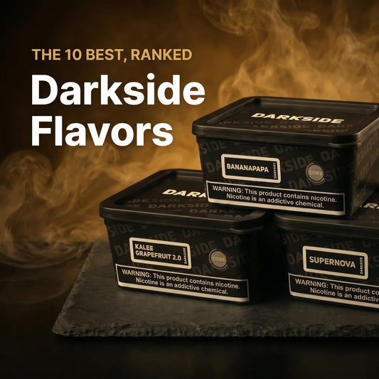 Best Darkside flavors ranked — Darkside Bananapapa, Kalee Grapefruit, and Supernova tubs on a warm golden smoky background (Hookah Vault Flavor Lab)