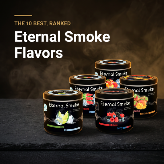 Best Eternal Smoke flavors ranked — five Eternal Smoke shisha jars on a warm golden smoky background (Hookah Vault Flavor Lab)