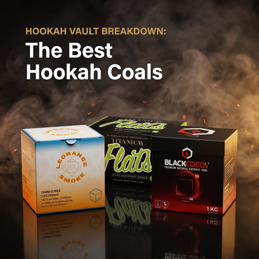 The best hookah coals of 2026 — Le Orange Smoke, Titanium Flats, and Black Coco's hookah charcoal boxes in golden smoke (Hookah Vault)