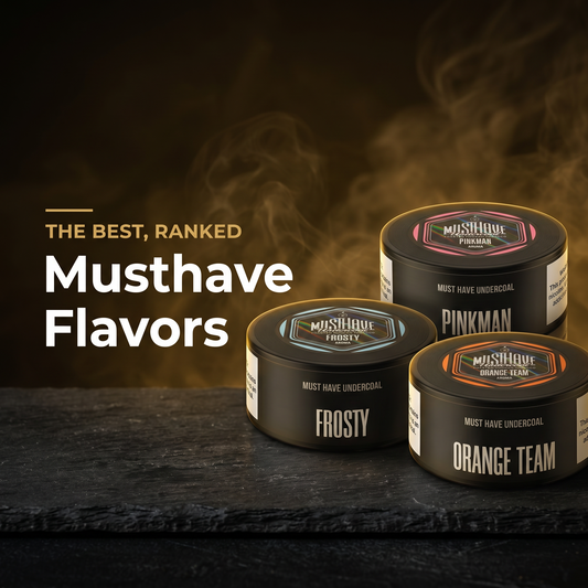  Best Musthave flavors ranked — Pinkman, Frosty, and Orange Team hookah tobacco jars on a warm golden smoky background (Hookah Vault Flavor Lab)