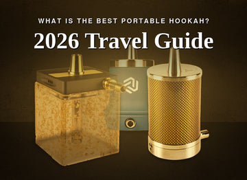Three portable travel hookahs — Hoob SubAtom, VYRO One, and a compact acrylic model — under a golden Hookah Vault editorial wash