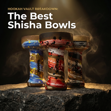Three hand-painted Kong phunnel shisha bowls with colorful splatter glaze on a dark stone surface