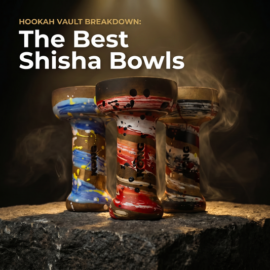 Three hand-painted Kong phunnel shisha bowls with colorful splatter glaze on a dark stone surface