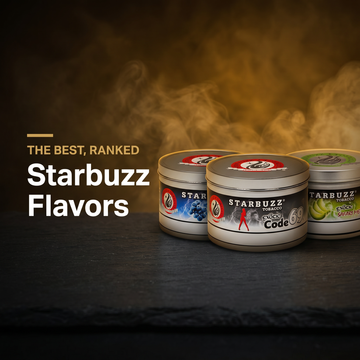 Best Starbuzz flavors ranked — Starbuzz Blue Mist, Code 69, and Safari Melon Dew hookah tobacco tins on a warm golden smoky background (Hookah Vault Flavor Lab)