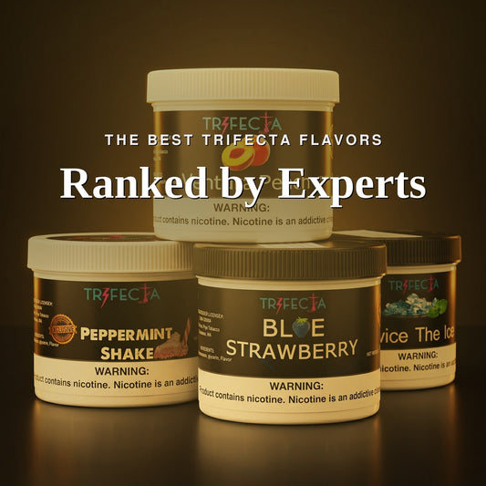Trifecta hookah tobacco tubs — Peppermint Shake, Blue Strawberry, Ventura Peach, and Twice the Ice — under a golden Hookah Vault editorial wash