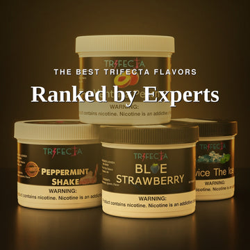 Trifecta hookah tobacco tubs — Peppermint Shake, Blue Strawberry, Ventura Peach, and Twice the Ice — under a golden Hookah Vault editorial wash