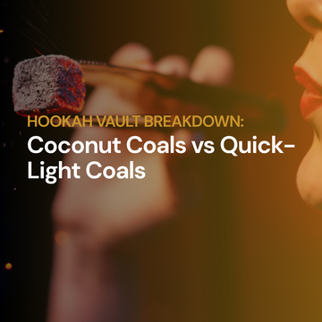 Coconut vs. quick-light hookah coals comparison — a glowing coconut coal held in tongs over a hookah session (Hookah Vault)