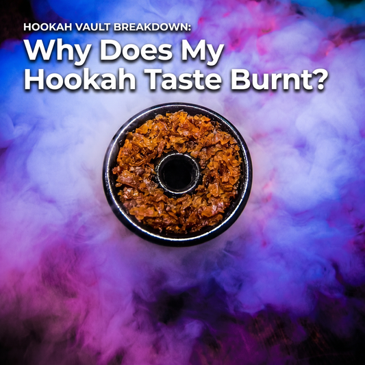 Overhead view of a packed hookah bowl surrounded by purple and blue smoke