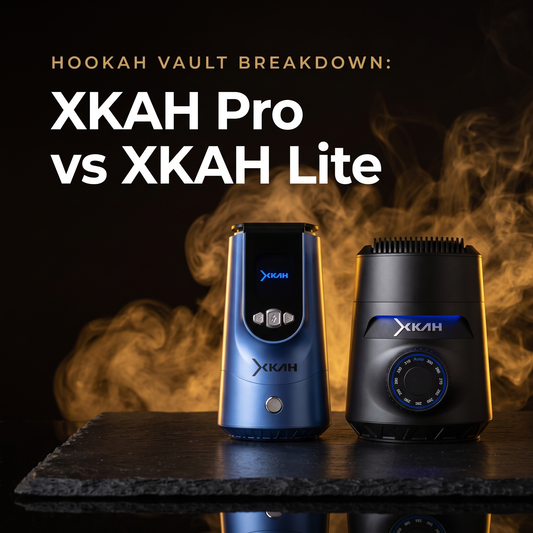 XKAH Pro and XKAH Lite electric hookah bowls side by side on dark slate with golden smoke