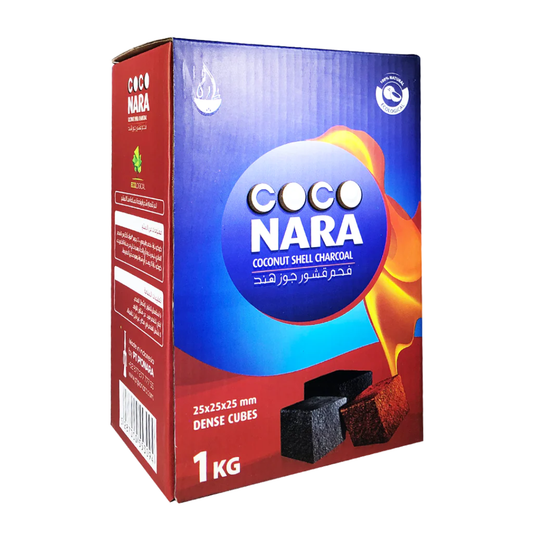 Coco Nara Dense Cubes 1KG coconut shell hookah charcoal box featuring long-lasting natural cube coals.
