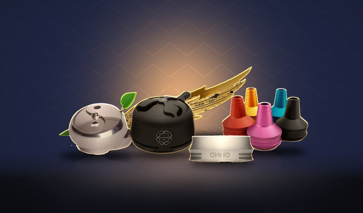Hookah accessories including heat management devices, tongs and molasses catchers