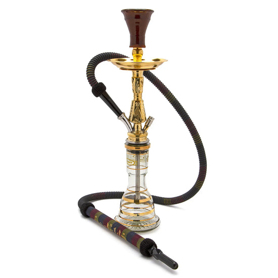Khalil Mamoon Kamanja Gold hookah with engraved gold-plated stem, gold-striped clear glass base, clay bowl, gold ash tray, and two coiled hoses