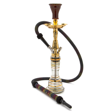 Khalil Mamoon Kamanja Gold hookah with engraved gold-plated stem, gold-striped clear glass base, clay bowl, gold ash tray, and two coiled hoses