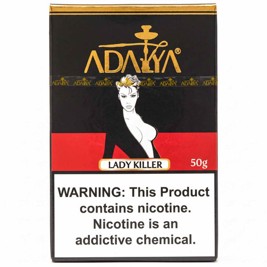 Adalya Lady Killer 50g hookah tobacco pack with black, red, and gold packaging on a white background.