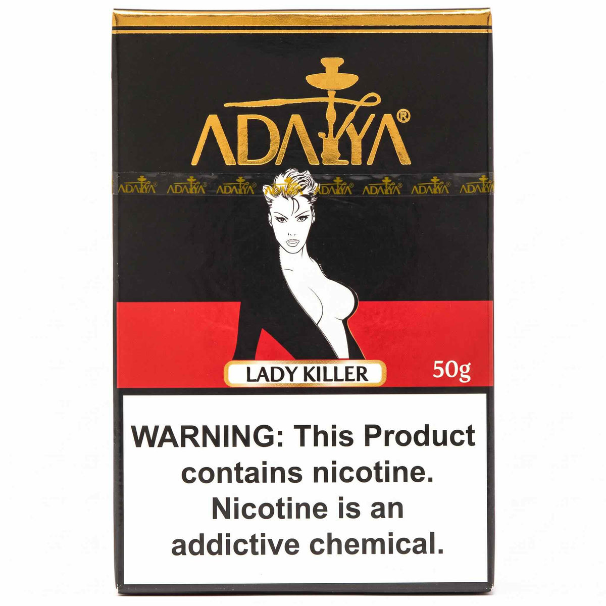 Adalya Lady Killer 50g hookah tobacco pack with black, red, and gold packaging on a white background.
