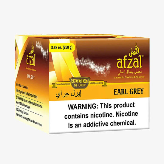 Afzal Earl Grey 250g hookah tobacco box with golden tea-leaf artwork