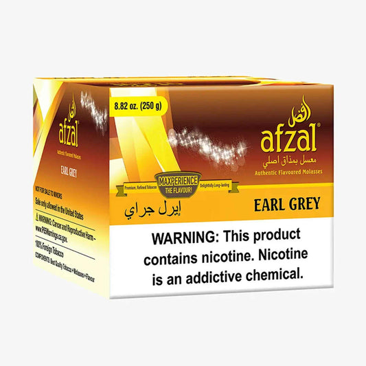 Afzal Earl Grey 250g hookah tobacco box with golden tea-leaf artwork