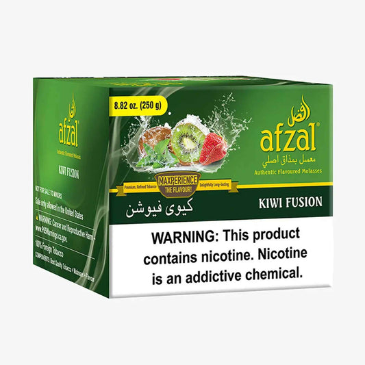 Afzal Kiwi Fusion 250g hookah tobacco box with sliced kiwi, strawberries and mint