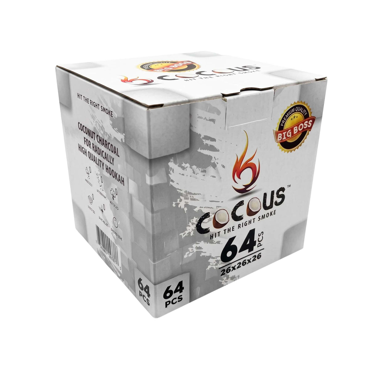 CocoUS Big Boss 26mm coconut hookah coals in a white box labeled 64 pieces.
