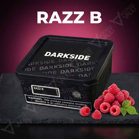 Darkside Core Razz B 200g hookah tobacco tin with fresh raspberries