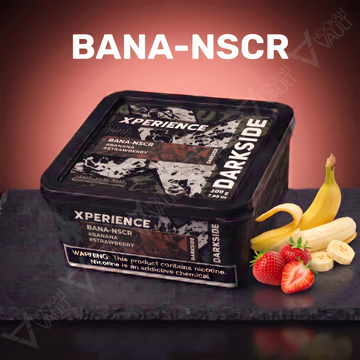 Darkside Xperience Bana-NSCR hookah tobacco package with sweet banana and ripe strawberry flavor