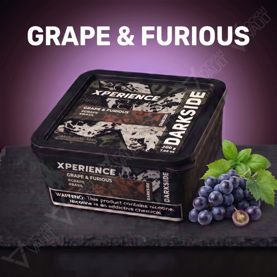 Darkside Xperience Grape & Furious hookah tobacco package with chilled grape soda and basil flavor