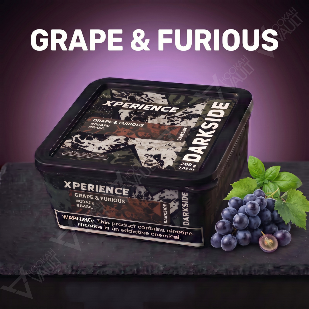 Darkside Xperience Grape & Furious hookah tobacco package with chilled grape soda and basil flavor