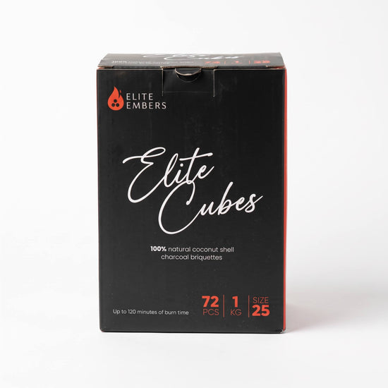 Elite Embers 25mm natural coconut cube hookah coals in a 1kg box with 72 pieces