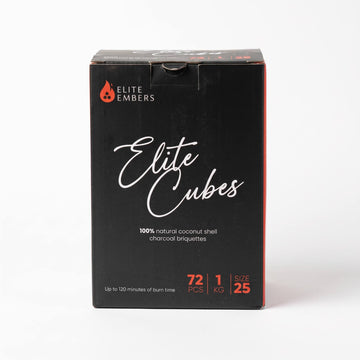 Elite Embers 25mm natural coconut cube hookah coals in a 1kg box with 72 pieces