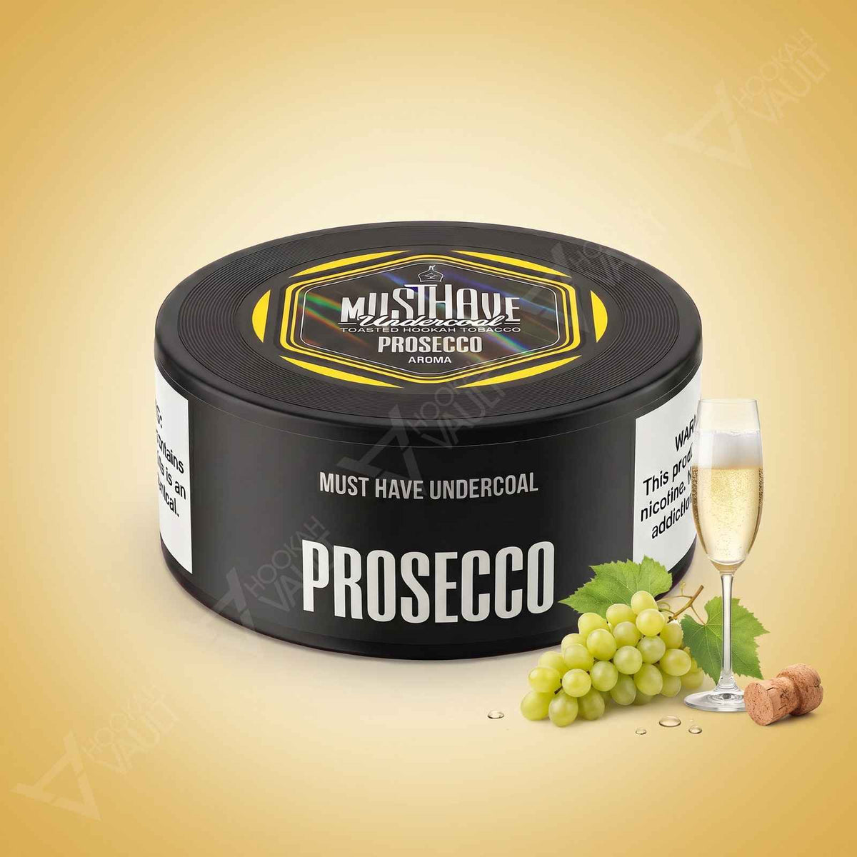 Musthave Prosecco 125g hookah tobacco tin with a glass of sparkling wine, green grapes and a cork