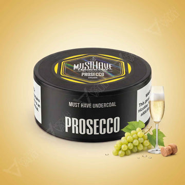 Musthave Prosecco 125g hookah tobacco tin with a glass of sparkling wine, green grapes and a cork