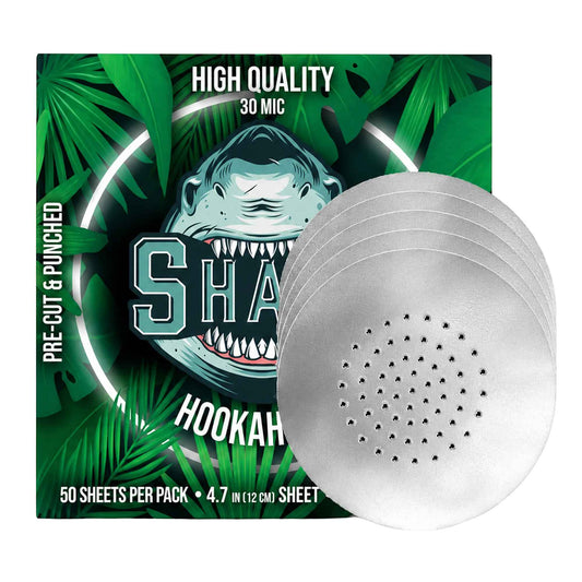 Shark pre-punched hookah foil box with stack of 4.7-inch foil sheets
